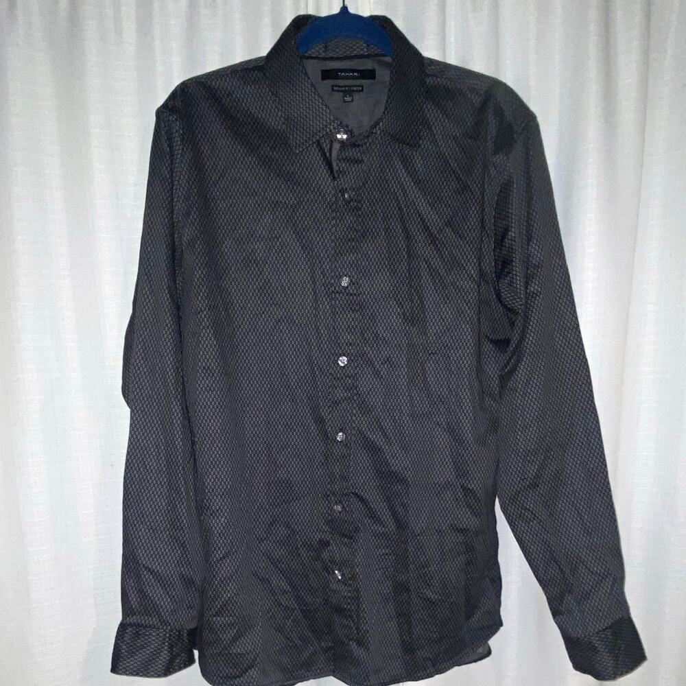 Tahari Men’s L Regular Fit Stretch Gray Black Geometric Button-Up Shirt LS